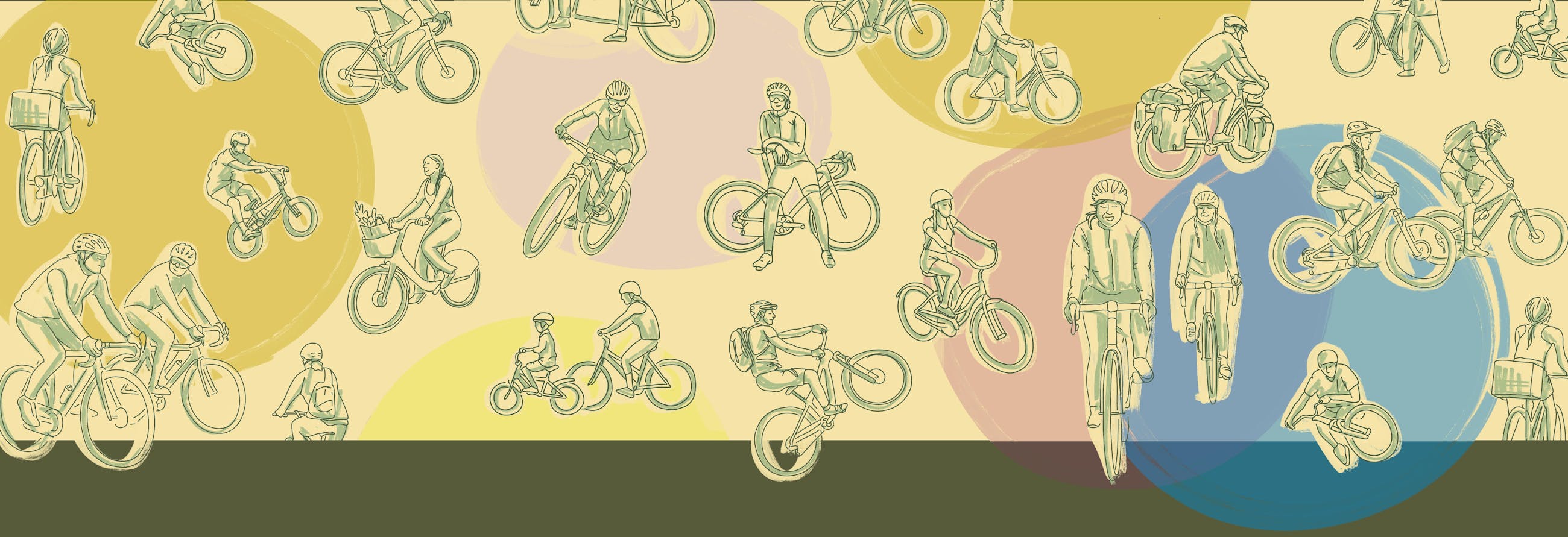 Collage of hand-drawn cyclists riding a variety of bikes 